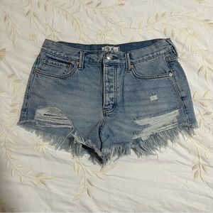 We The Free Blue Denim Distressed Low Waisted Shorts, 26